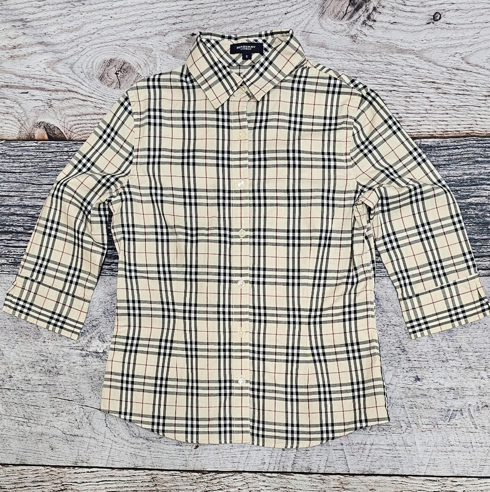 Burberry London Nova Check Plaid 3/4 Split Sleeve Button Up Shirt Size Small - Picture 2 of 12